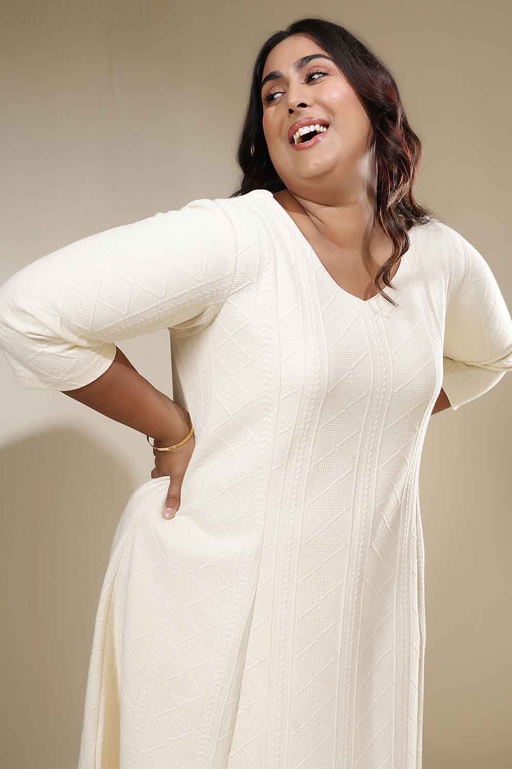 Comfortable Plus Size Ivory Chunky Knit A-Line Dress