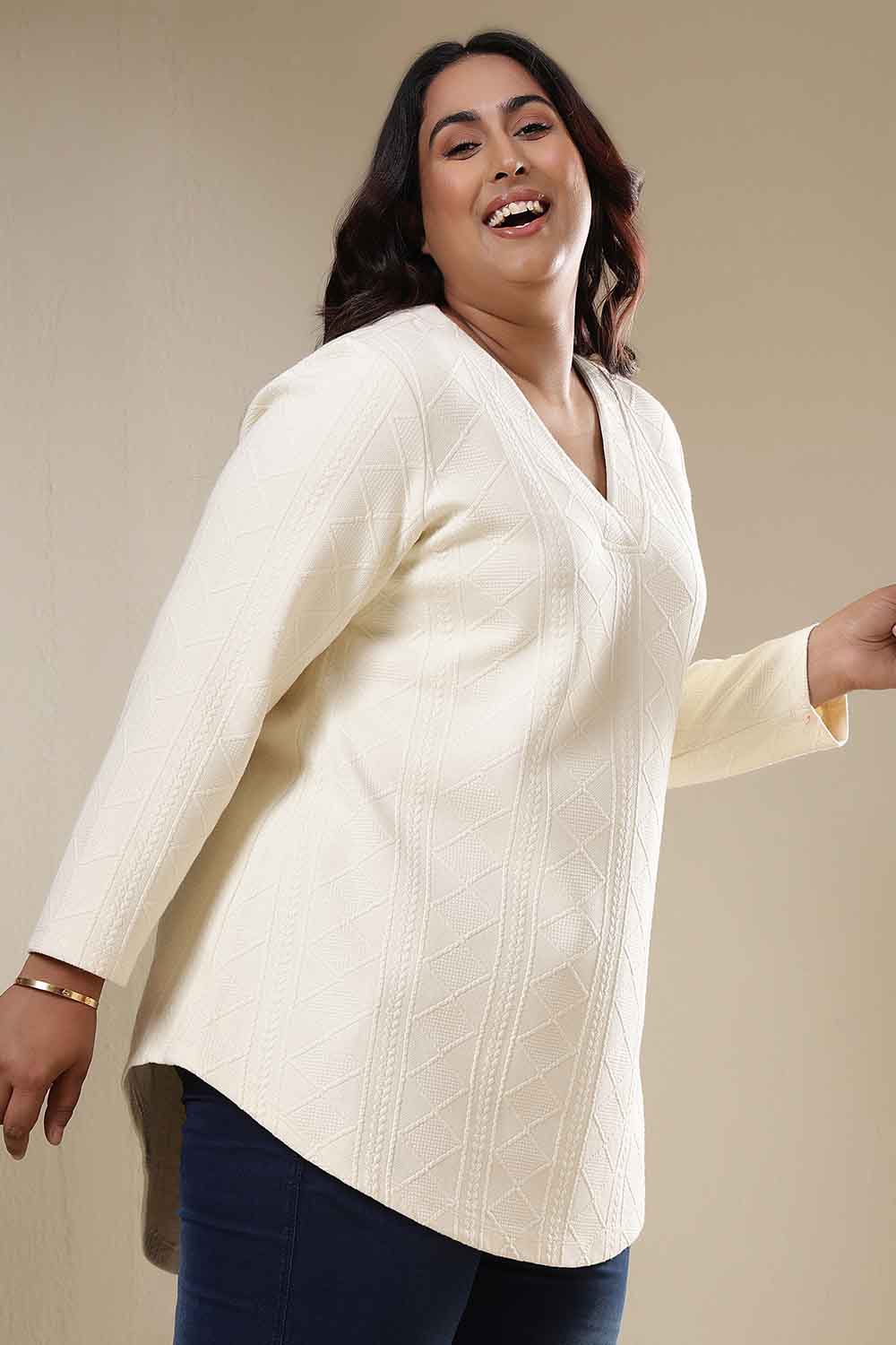 Plus Size Ivory Chunky Knit V Neck Top