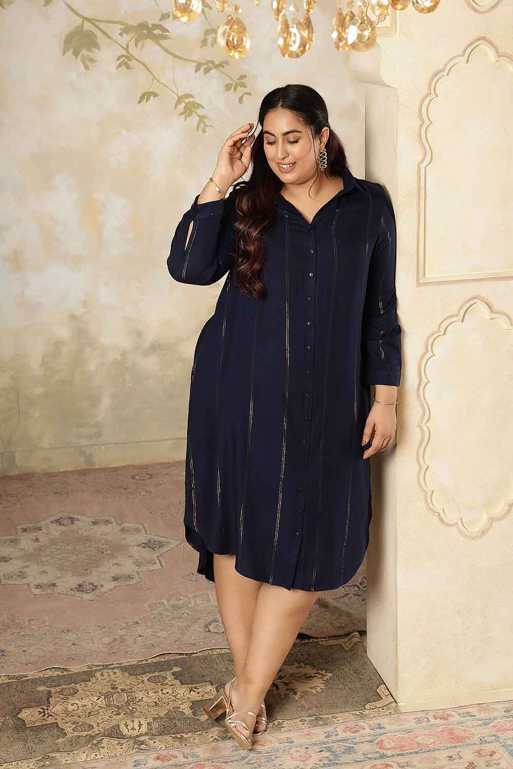 Plus Size Navy Blue Golden Pin Striped Shirt Dress