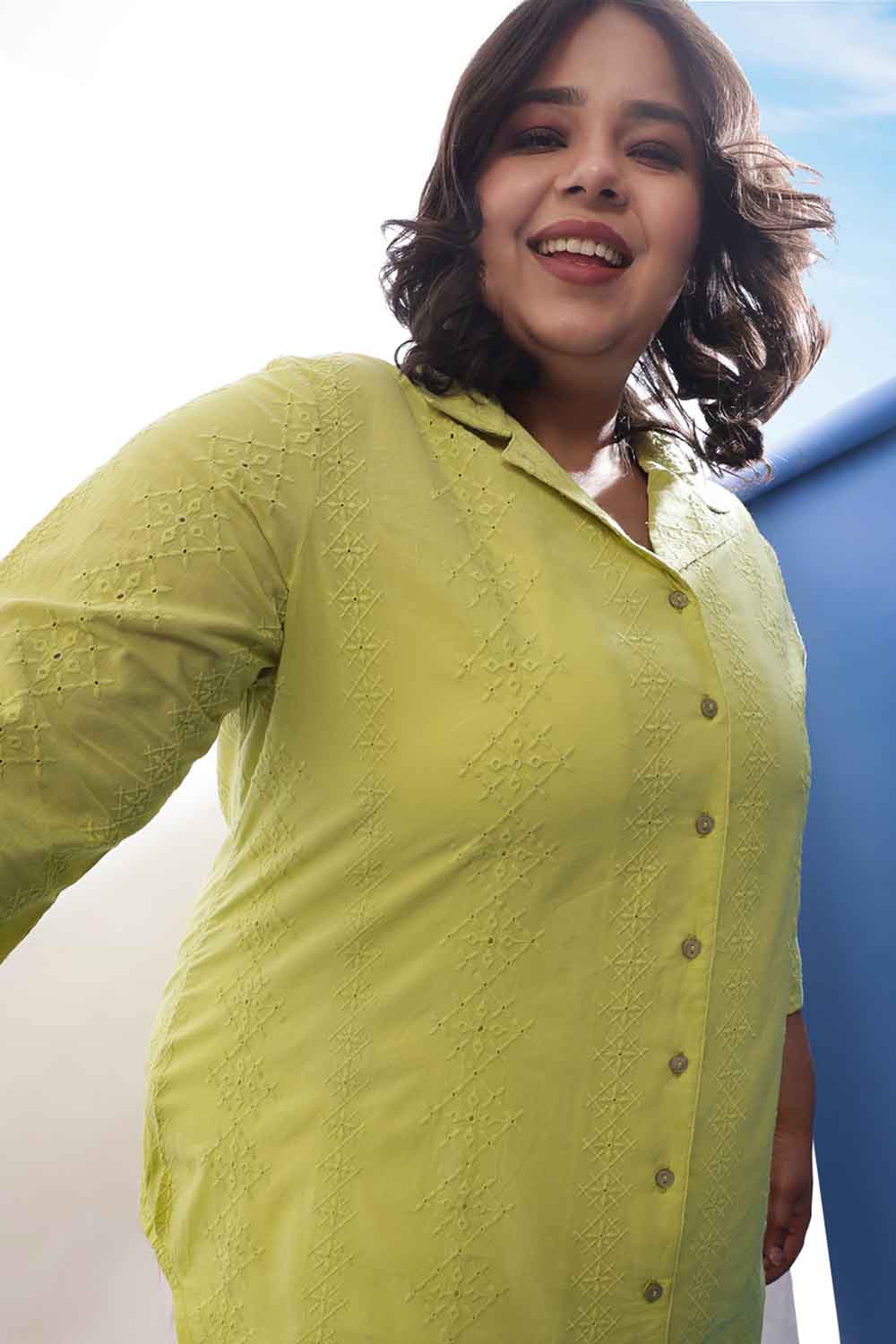 Plus Size Lime Green Cotton Schiffli Cuban Collar Shirt