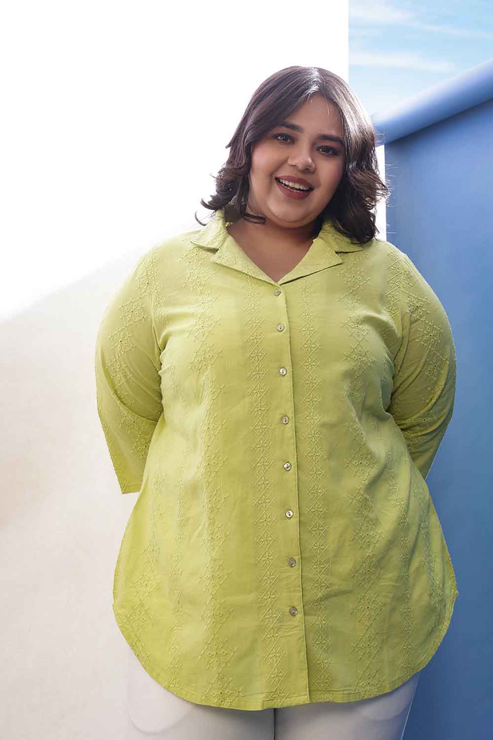 Plus Size Lime Green Cotton Schiffli Cuban Collar Shirt