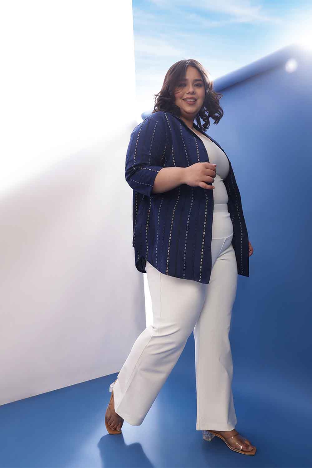 Plus Size Blue Weave Work Cuban Collar Cotton Shirt