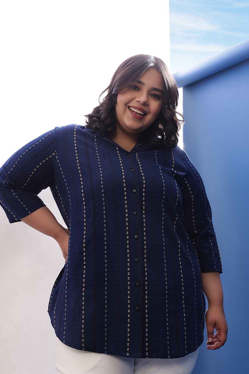 Plus Size Blue Weave Work Cuban Collar Cotton Shirt