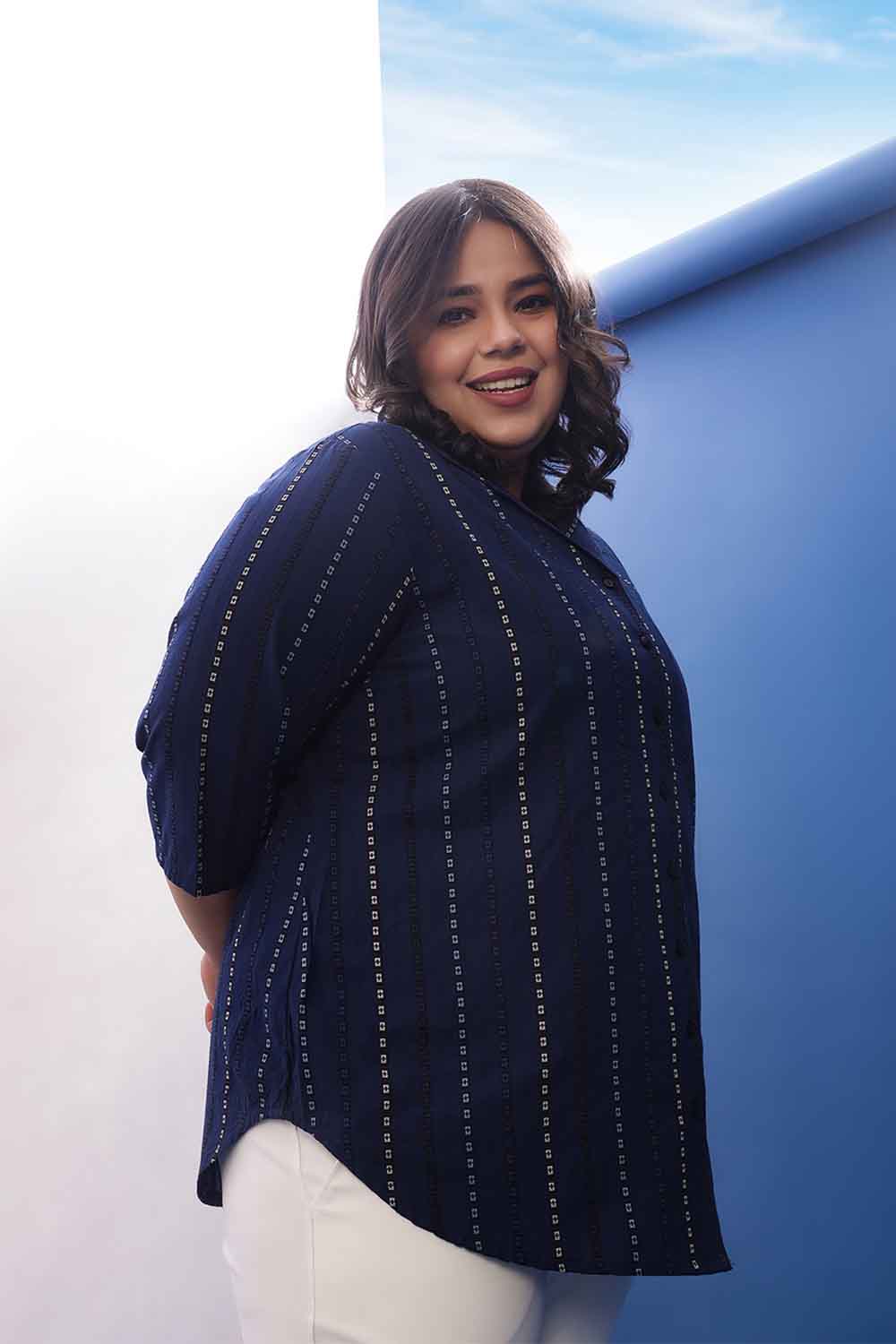 Plus Size Blue Weave Work Cuban Collar Cotton Shirt for Women