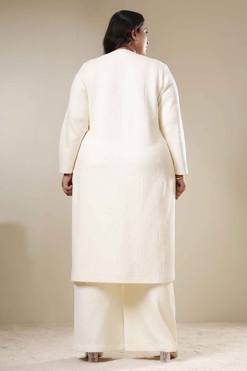Plus Size Ivory Chunky Knit V Neck Kurta Coord Set