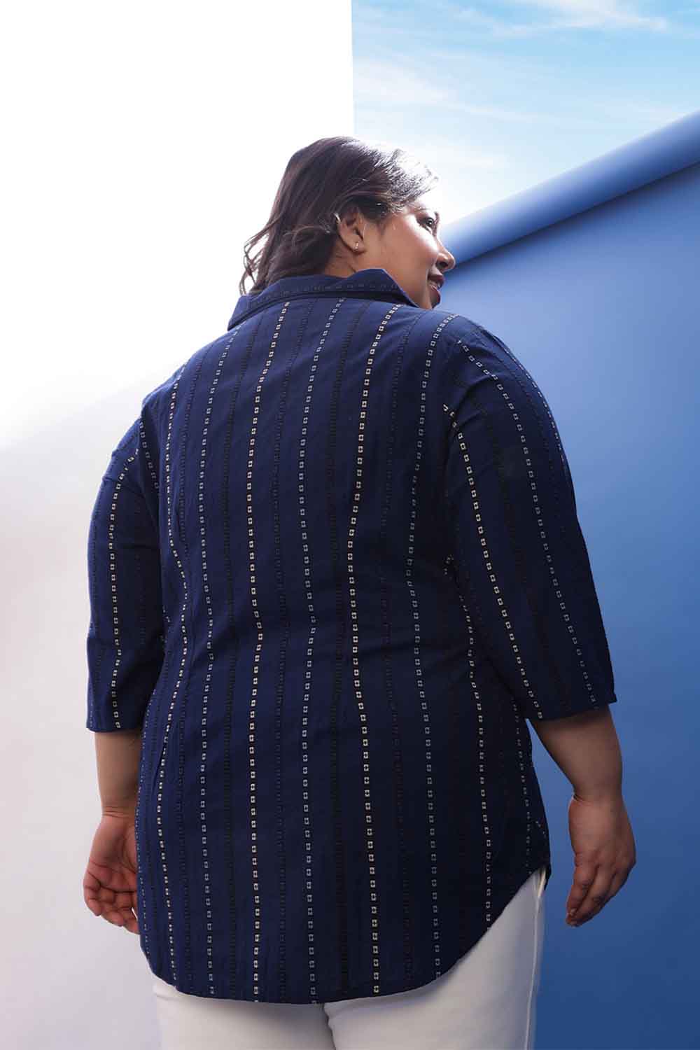 Plus Size Blue Weave Work Cuban Collar Cotton Shirt