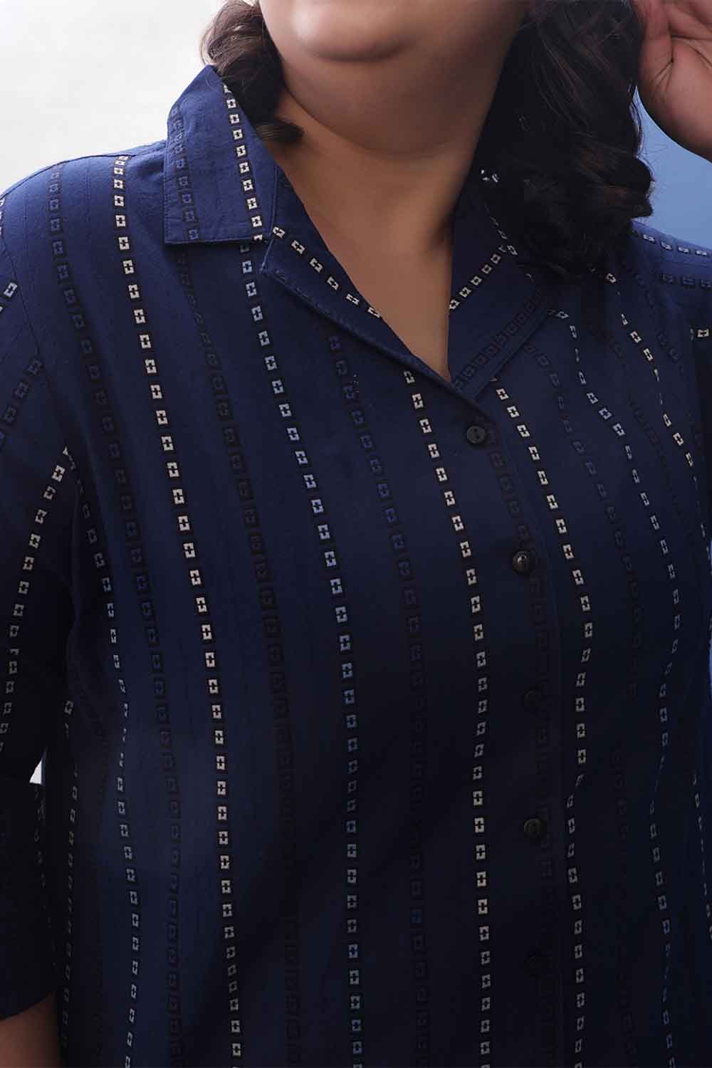 Plus Size Blue Weave Work Cuban Collar Cotton Shirt