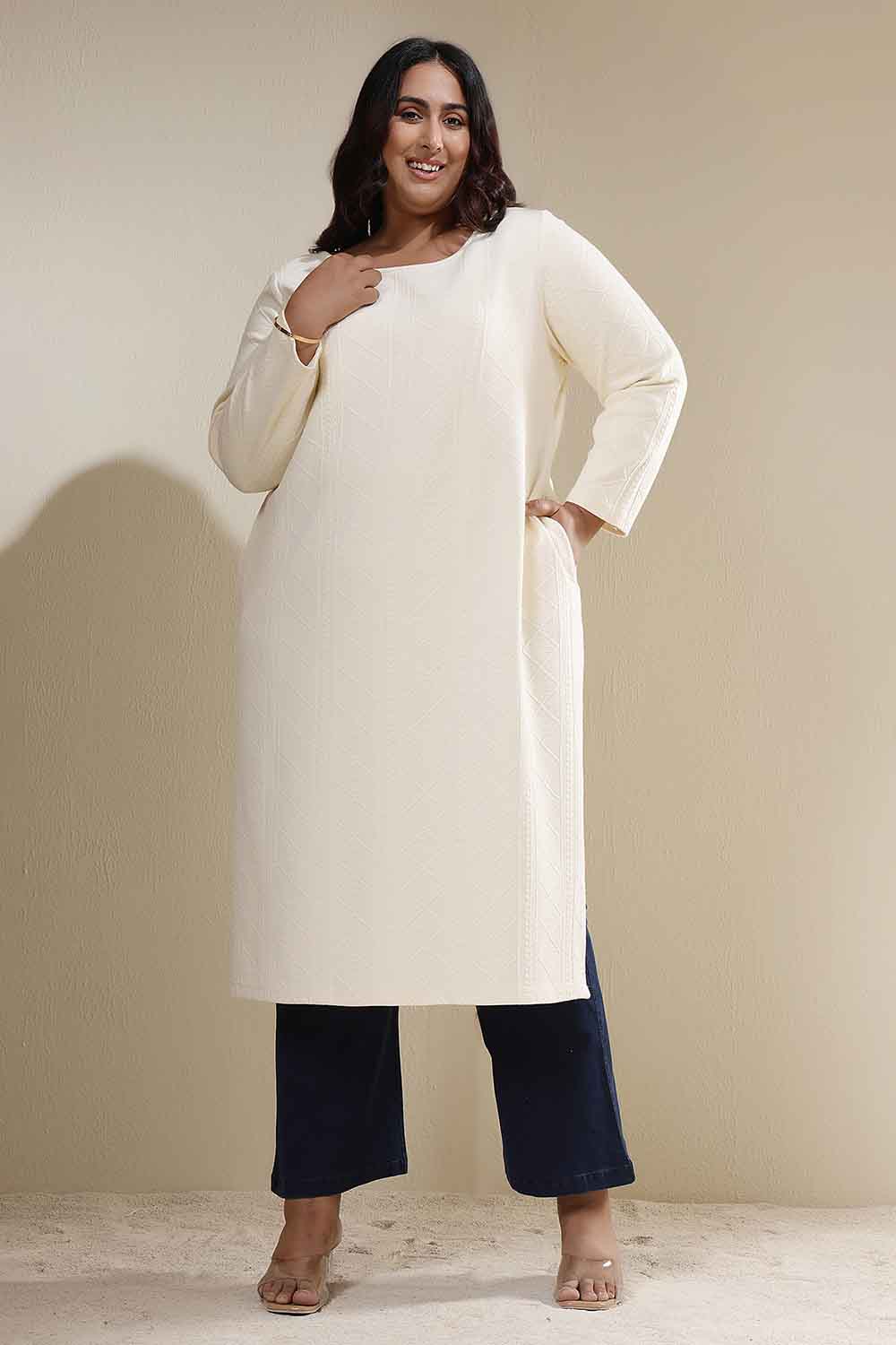 Plus Size Plus Size Ivory Chunky Knit Round Neck Kurta