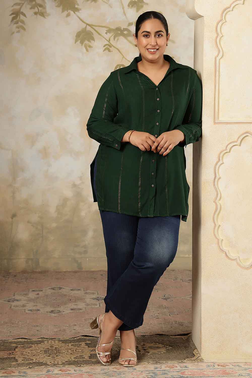 Buy Plus Size Emerald Green Golden Pin Striped High Slit Longline Shirt
