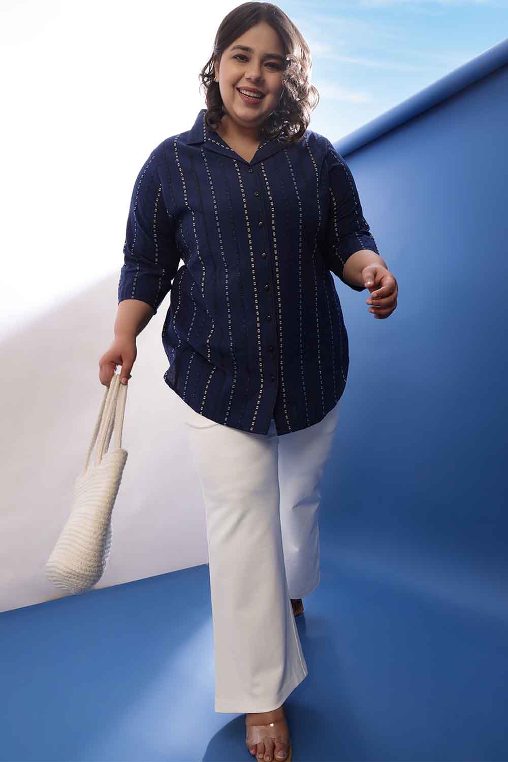 Plus Size Plus Size Blue Weave Work Cuban Collar Cotton Shirt