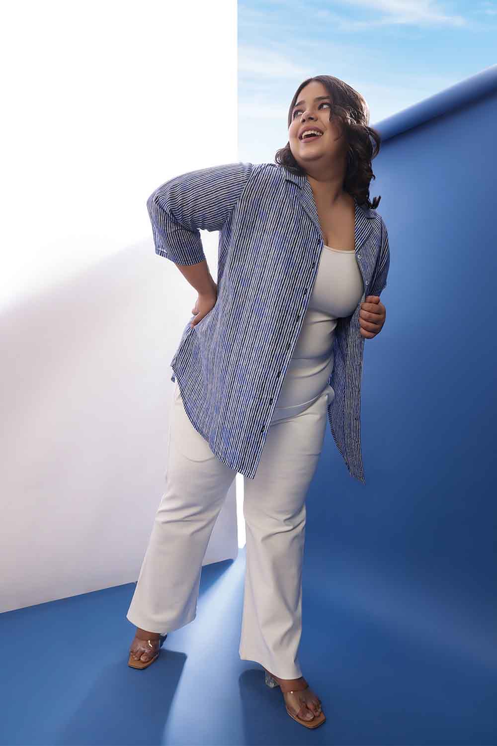 Plus Size Indigo Striped Cotton Cuban Collar Shirt