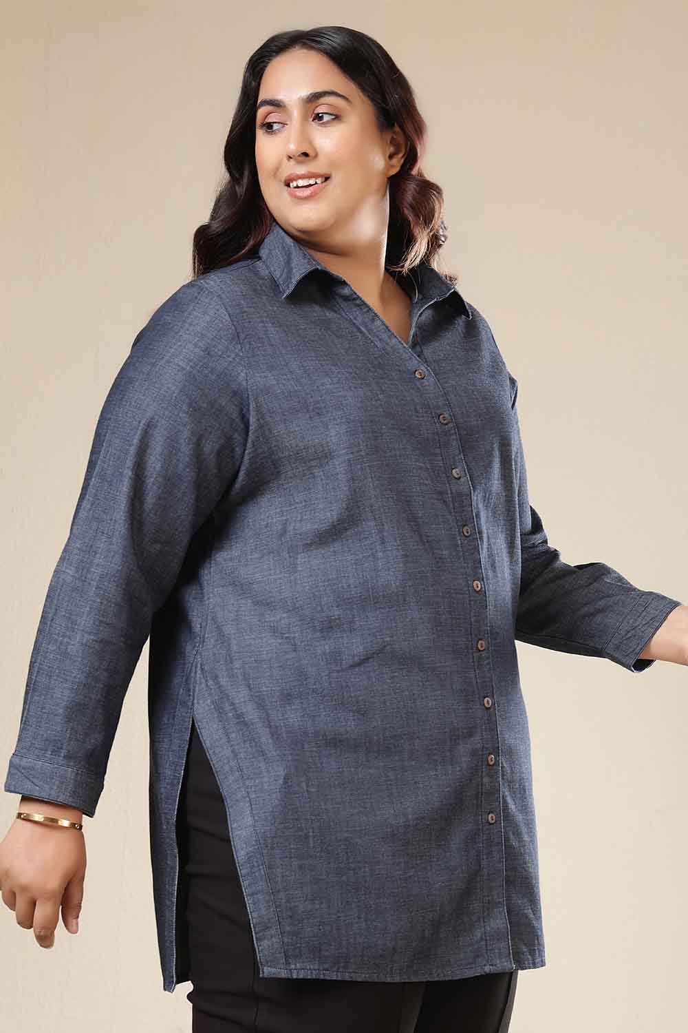 Comfortable Plus Size Denim Cotton High Slit Longline Shirt