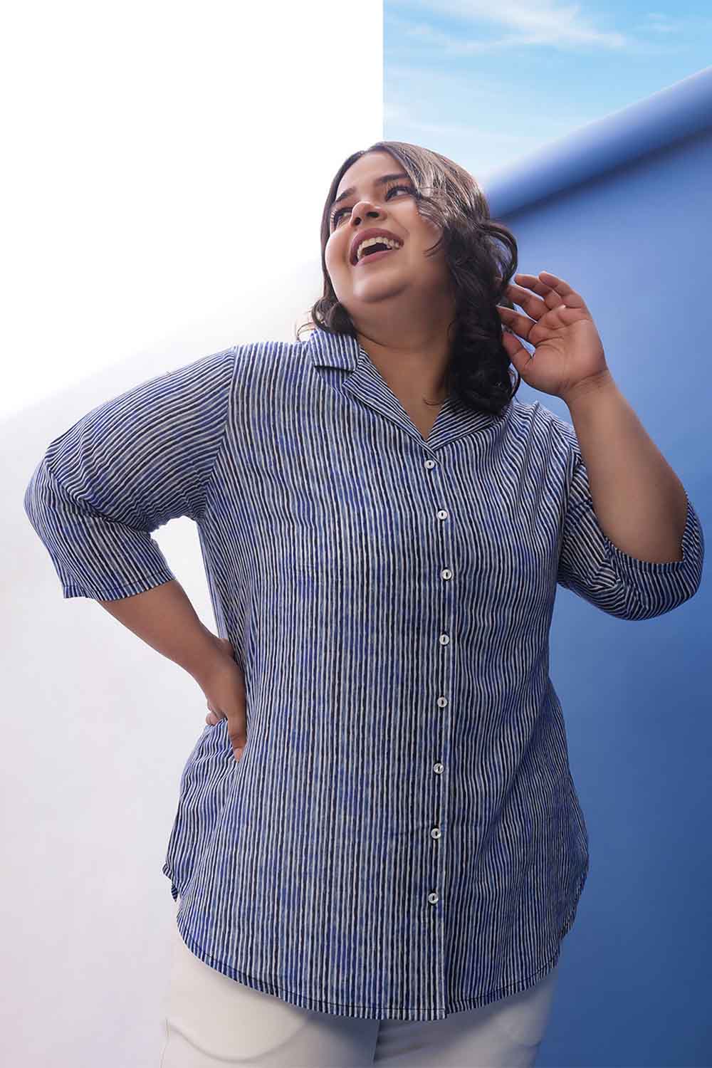 Plus Size Indigo Striped Cotton Cuban Collar Shirt