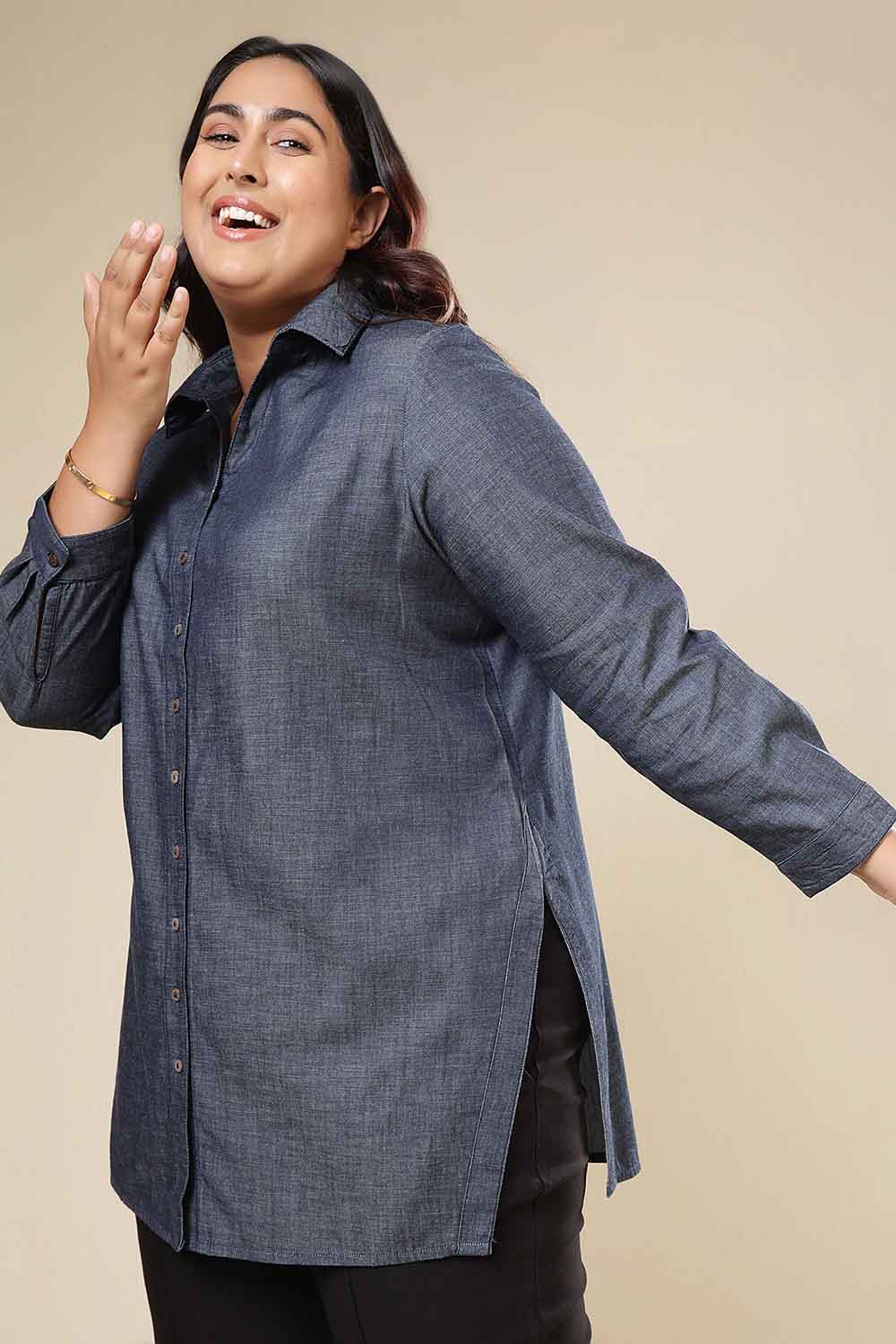 Plus Size Denim Cotton High Slit Longline Shirt for Women