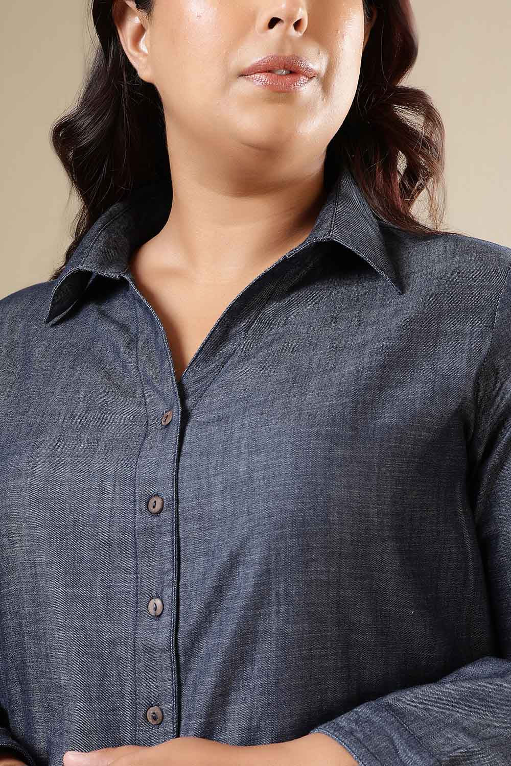 Plus Size Denim Cotton High Slit Longline Shirt