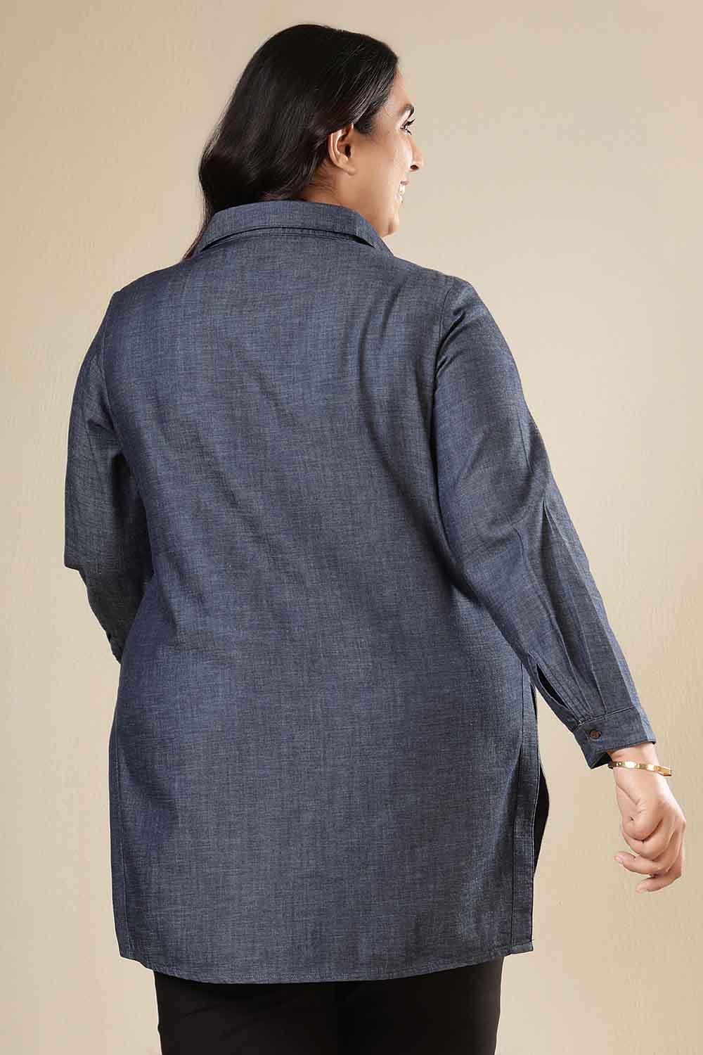 Plus Size Denim Cotton High Slit Longline Shirt