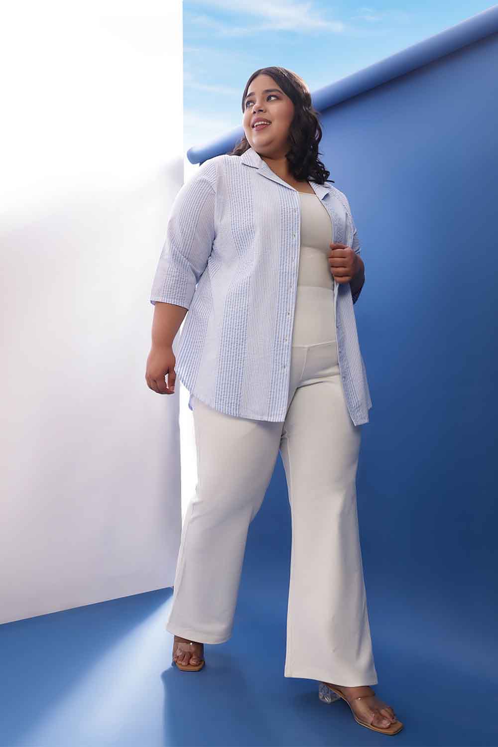 Plus Size Light Blue Striped Cuban Collar Cotton Shirt