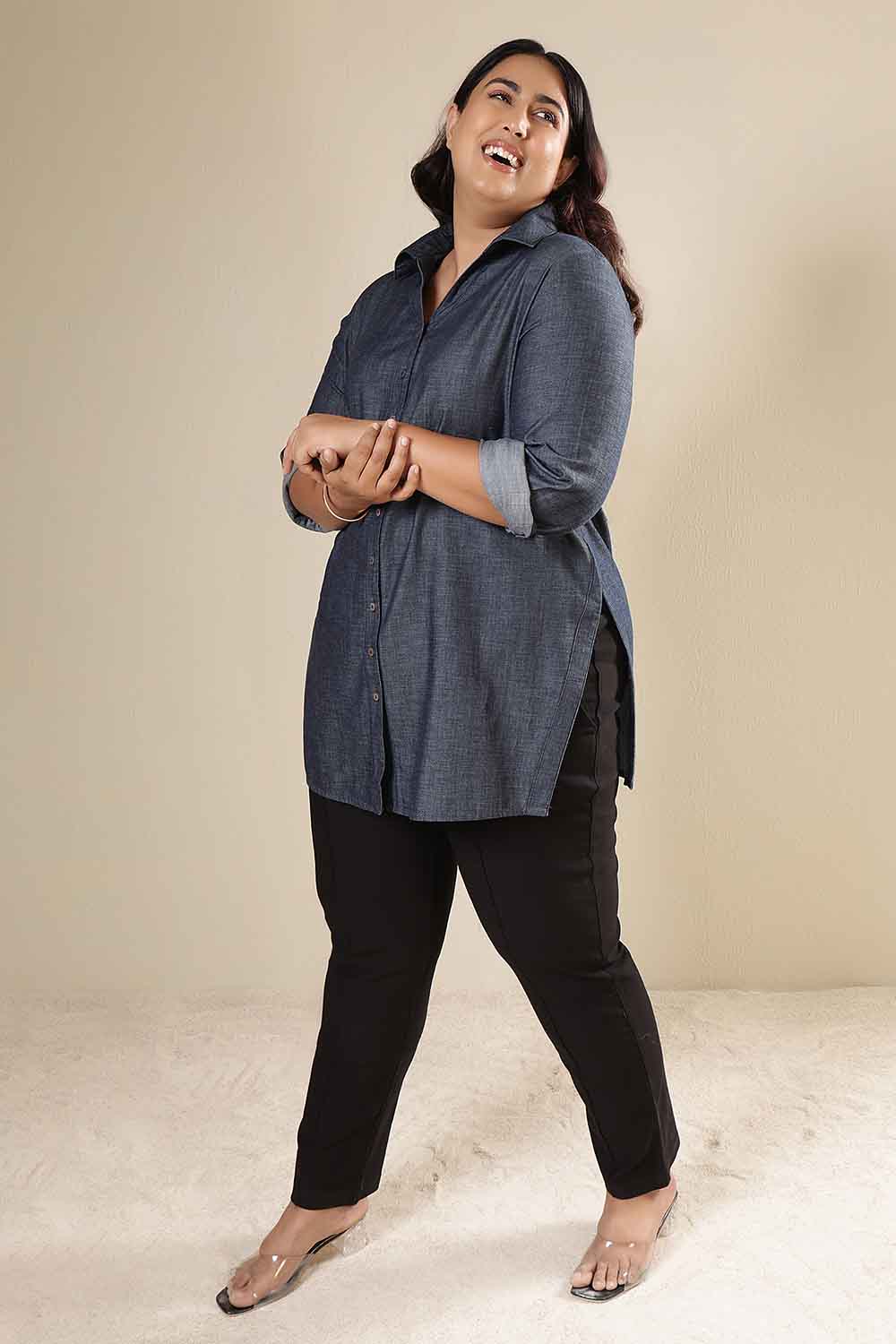 Plus Size Denim Cotton High Slit Longline Shirt