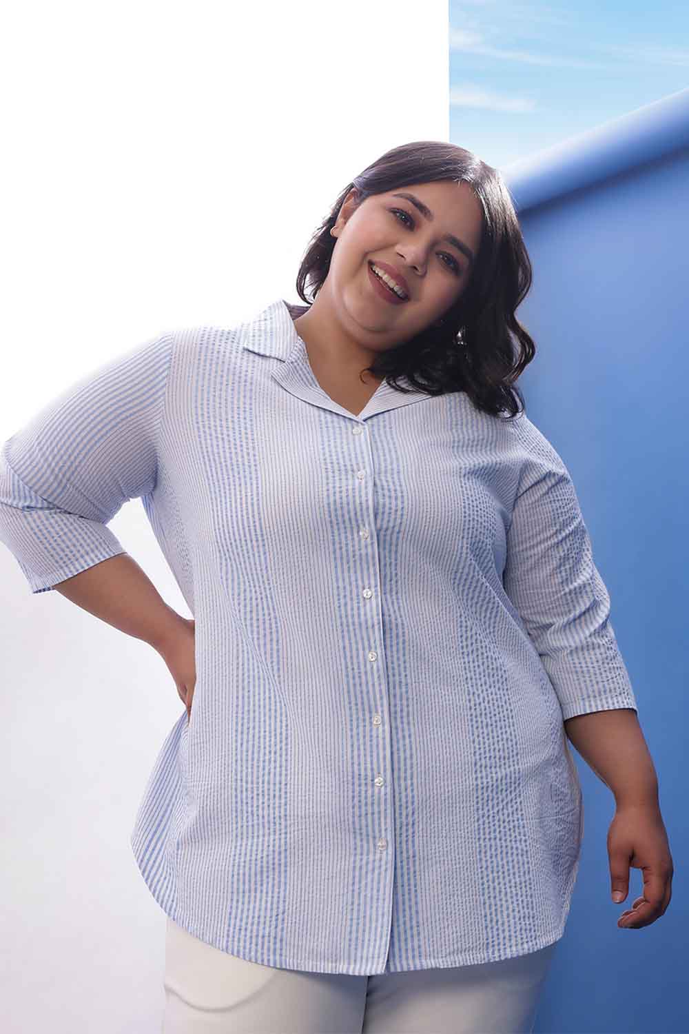 Plus Size Light Blue Striped Cuban Collar Cotton Shirt