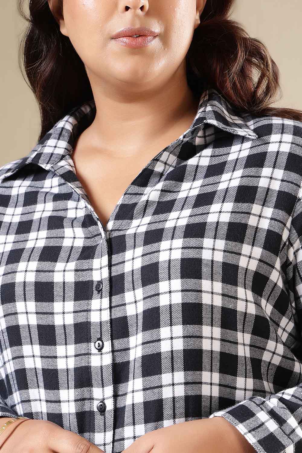 Plus Size Black & White Check Cotton Flannel Longline Shirt