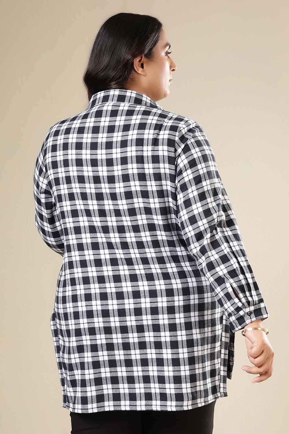 Plus Size Black & White Check Cotton Flannel Longline Shirt