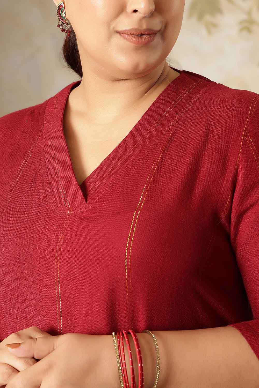 Comfortable Plus Size Maroon Golden Pin Striped V-Neck Kurta