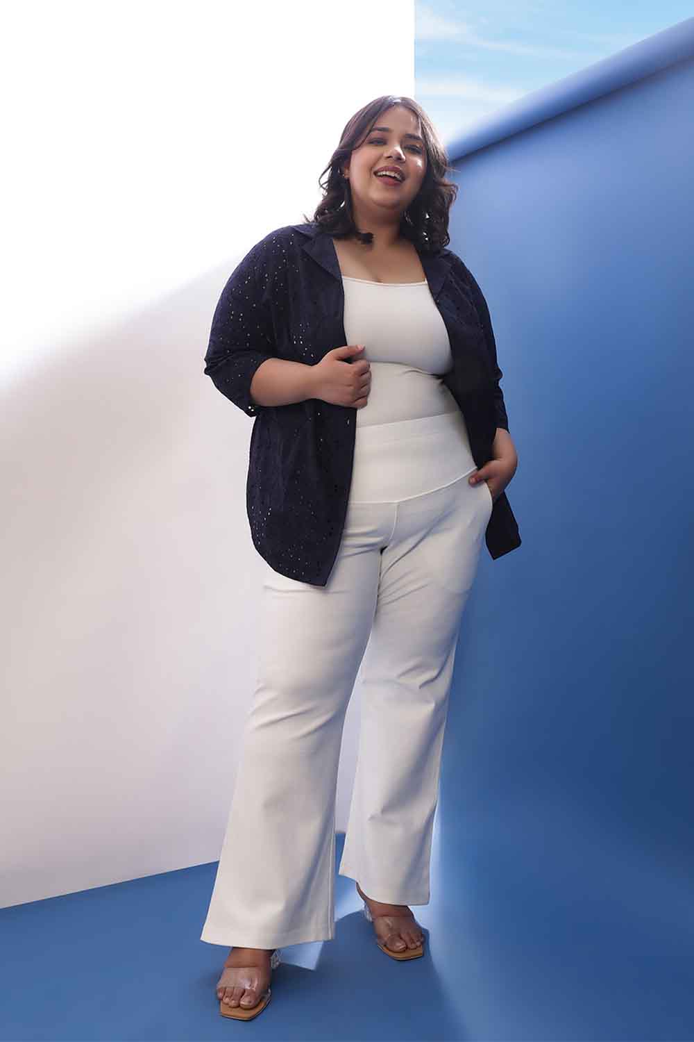 Plus Size Blue Cotton Schiffli Cuban Collar Shirt