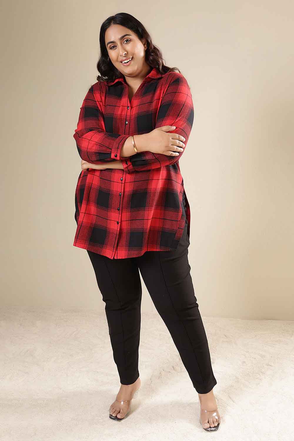 Comfortable Plus Size Red & Black Check Cotton Flannel Longline Shirt