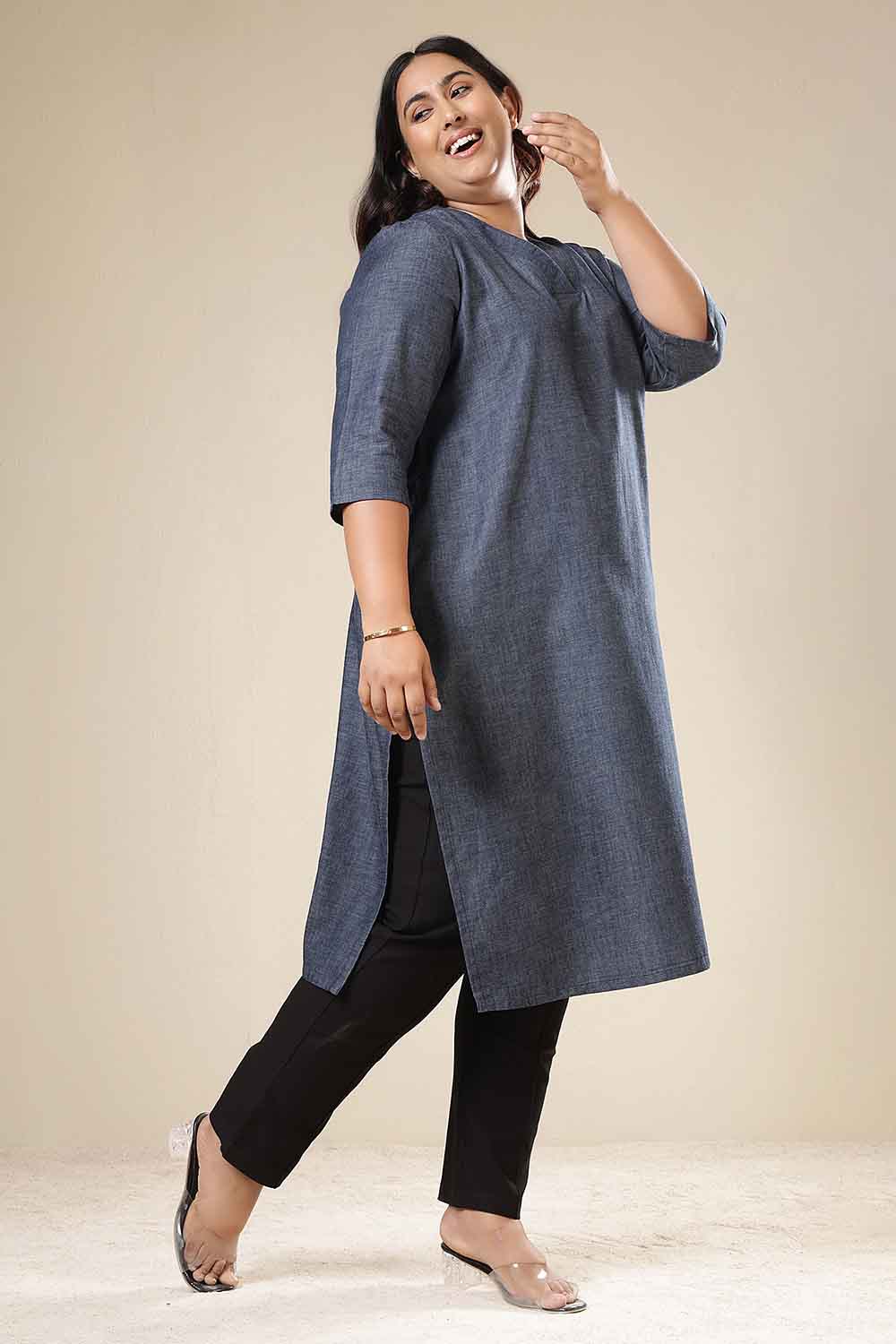 Plus Size Denim Cotton V-Neck Kurta for Women