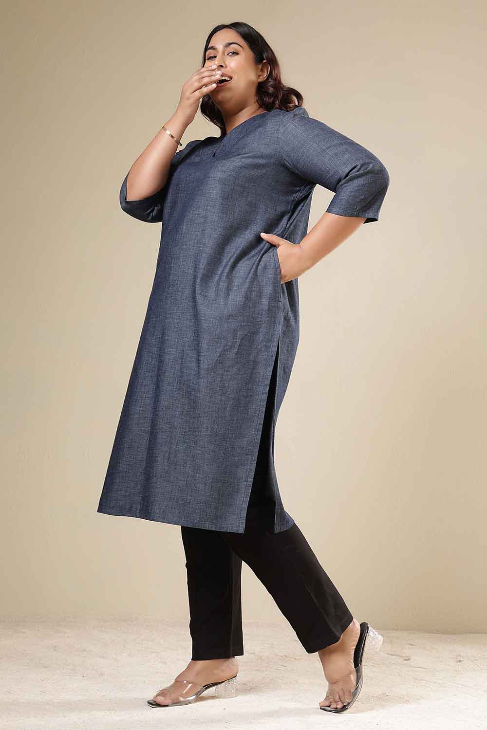 Comfortable Plus Size Denim Cotton V-Neck Kurta
