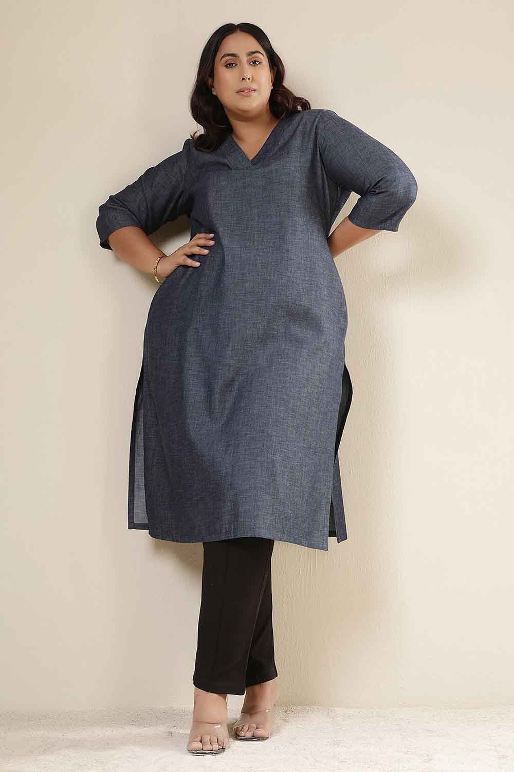 Plus Size Plus Size Denim Cotton V-Neck Kurta