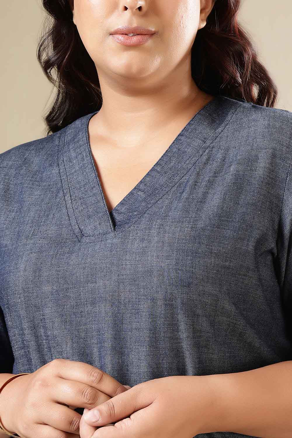 Plus Size Denim Cotton V-Neck Kurta