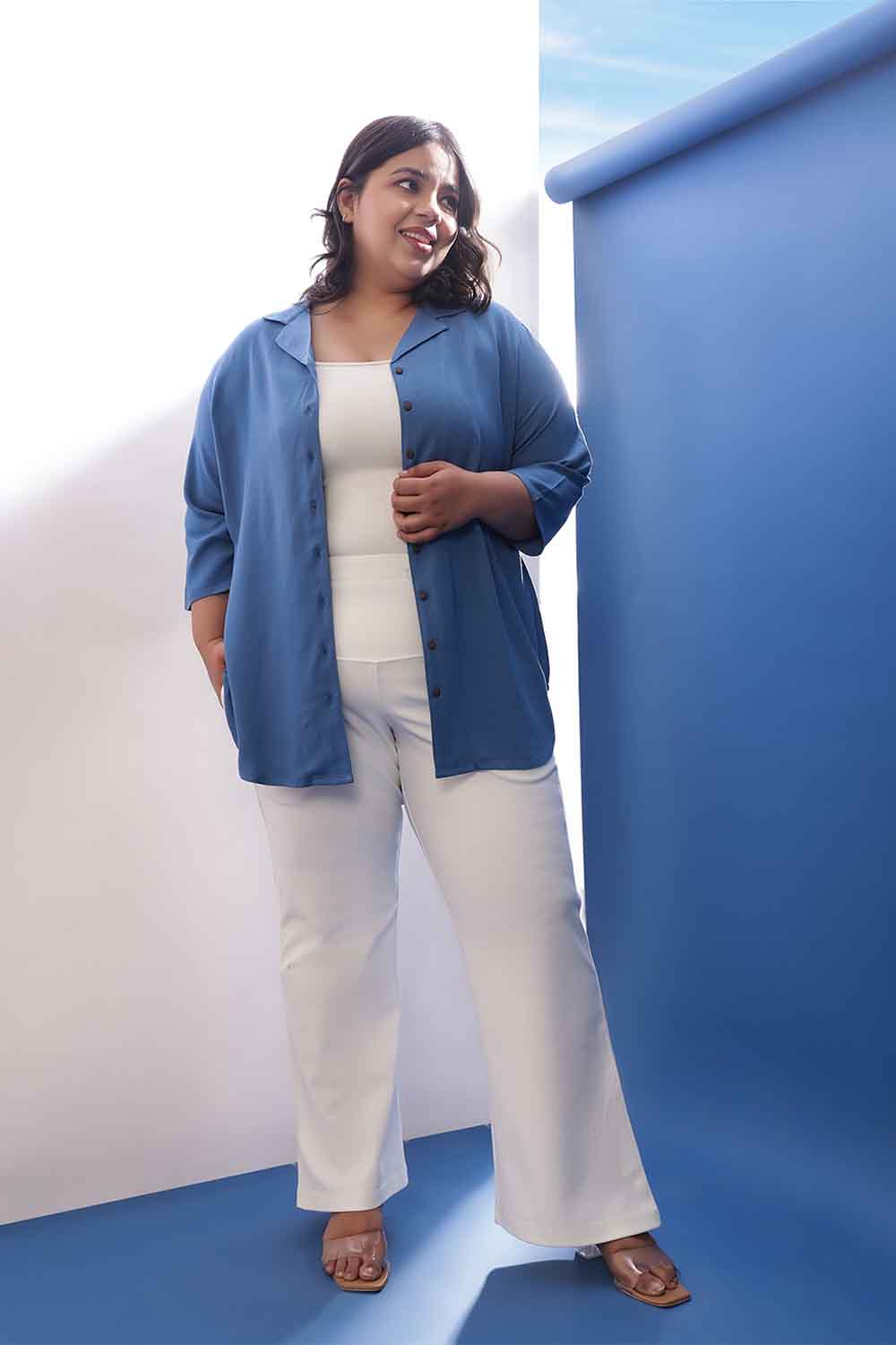 Buy Plus Size Blue Rayon Twill Cuban Collar Shirt