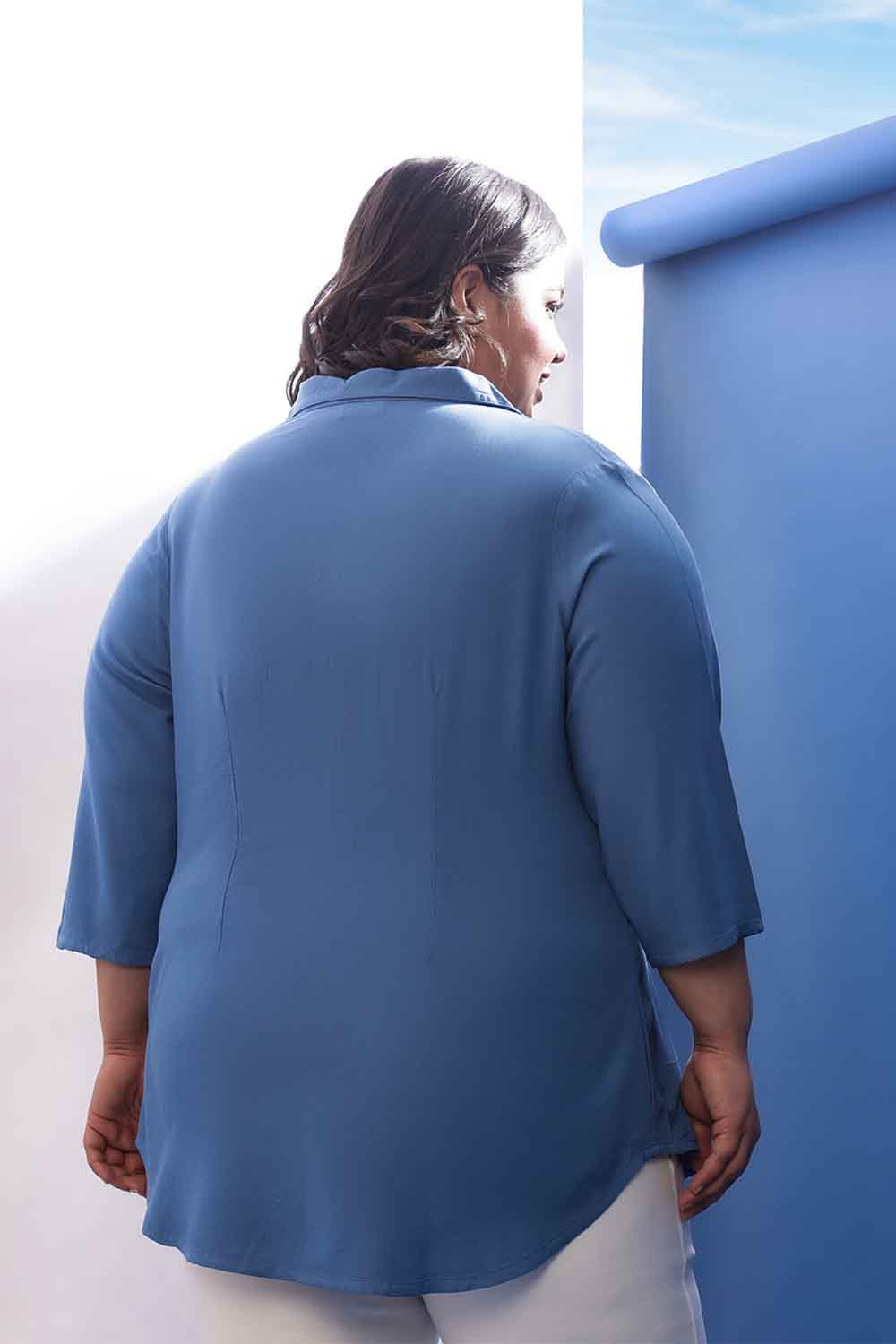 Plus Size Blue Rayon Twill Cuban Collar Shirt