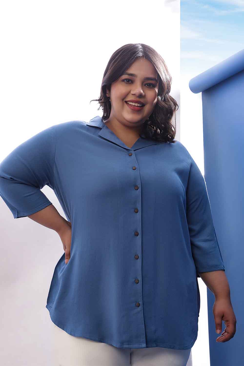 Plus Size Blue Rayon Twill Cuban Collar Shirt