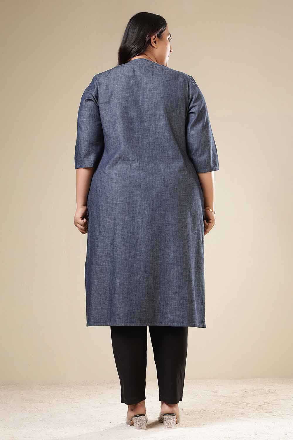 Plus Size Denim Cotton V-Neck Kurta