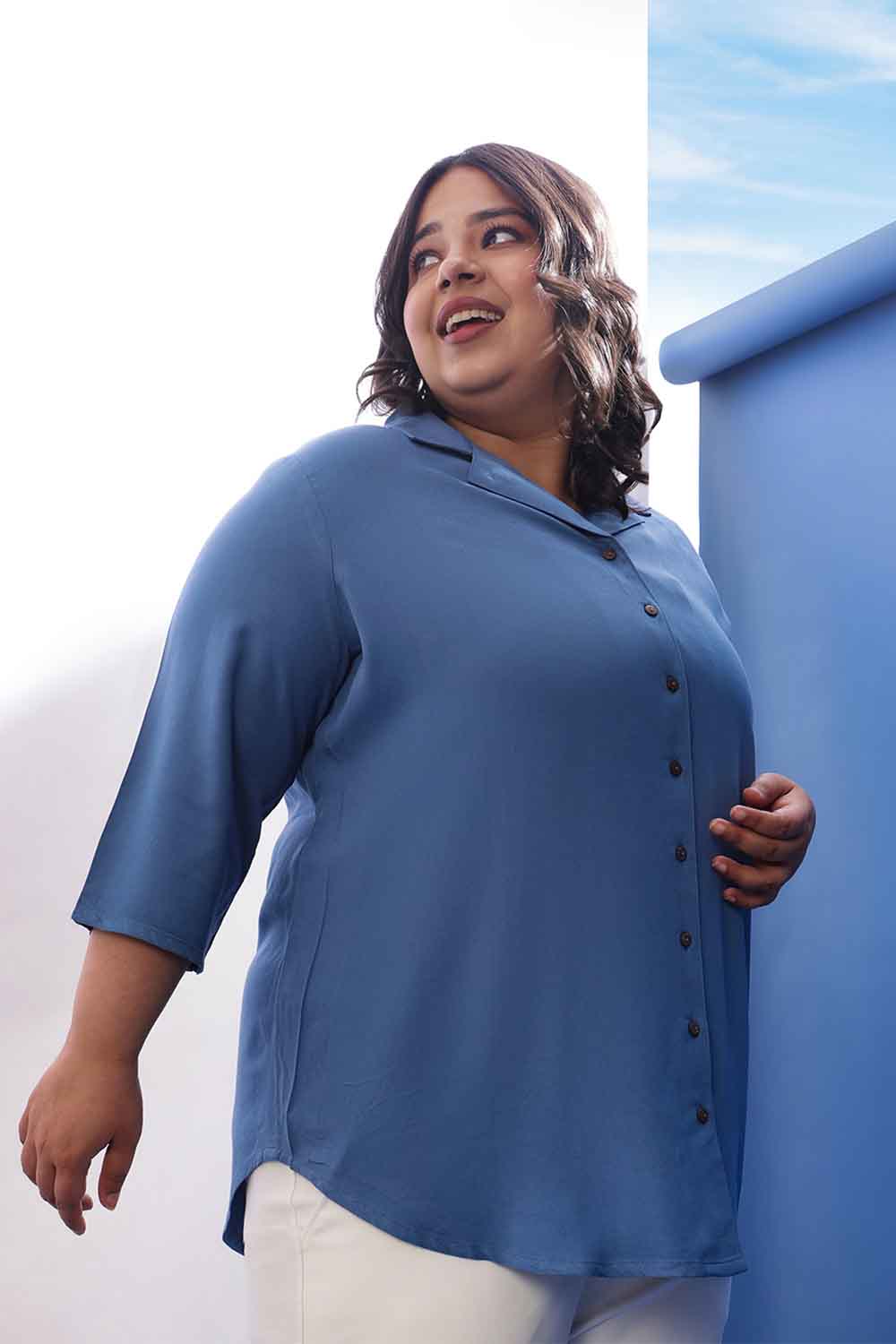 Comfortable Plus Size Blue Rayon Twill Cuban Collar Shirt