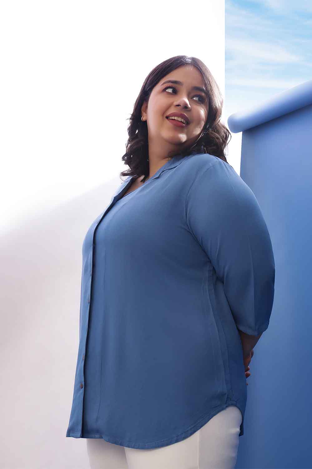Plus Size Blue Rayon Twill Cuban Collar Shirt