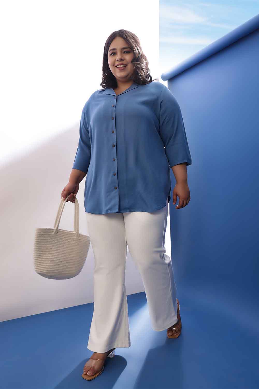 Plus Size Blue Rayon Twill Cuban Collar Shirt for Women