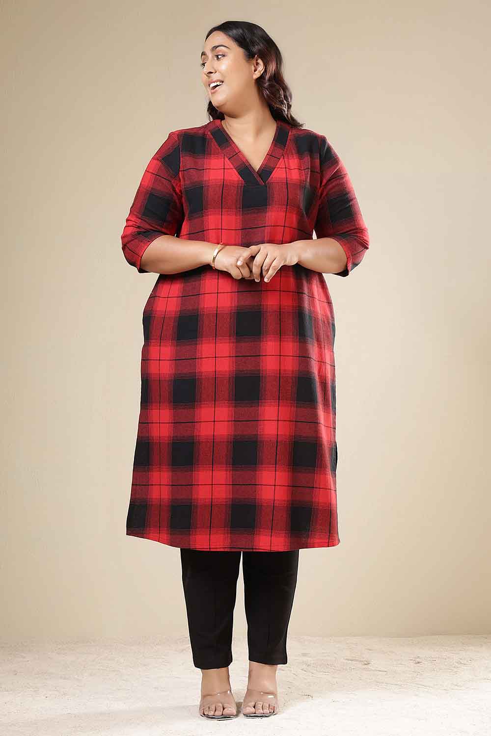 Plus Size Plus Size Red & Black Check Cotton Flannel V Neck Kurta