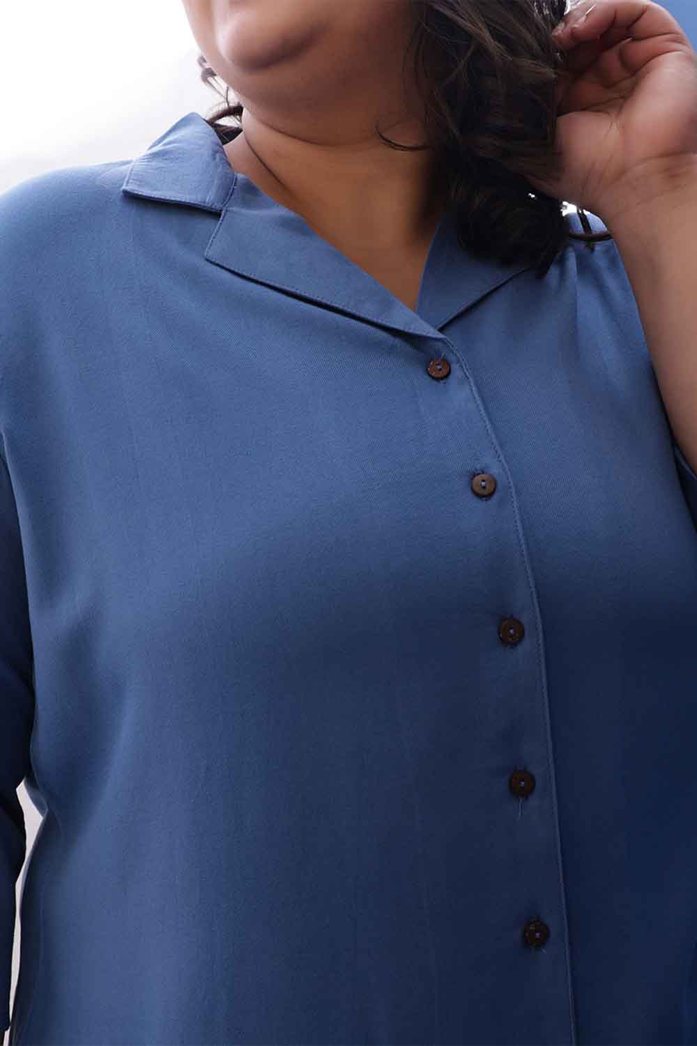 Plus Size Blue Rayon Twill Cuban Collar Shirt