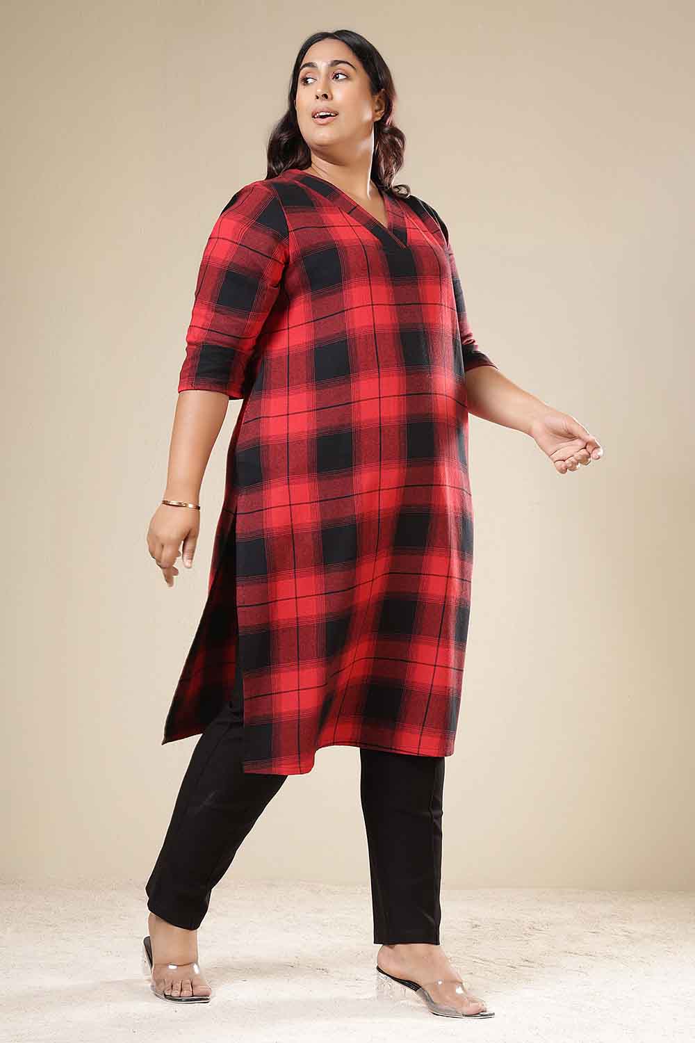 Comfortable Plus Size Red & Black Check Cotton Flannel V Neck Kurta