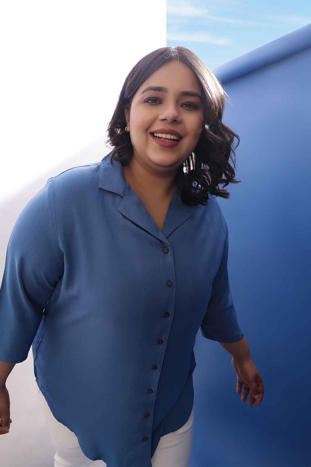 Plus Size Plus Size Blue Rayon Twill Cuban Collar Shirt