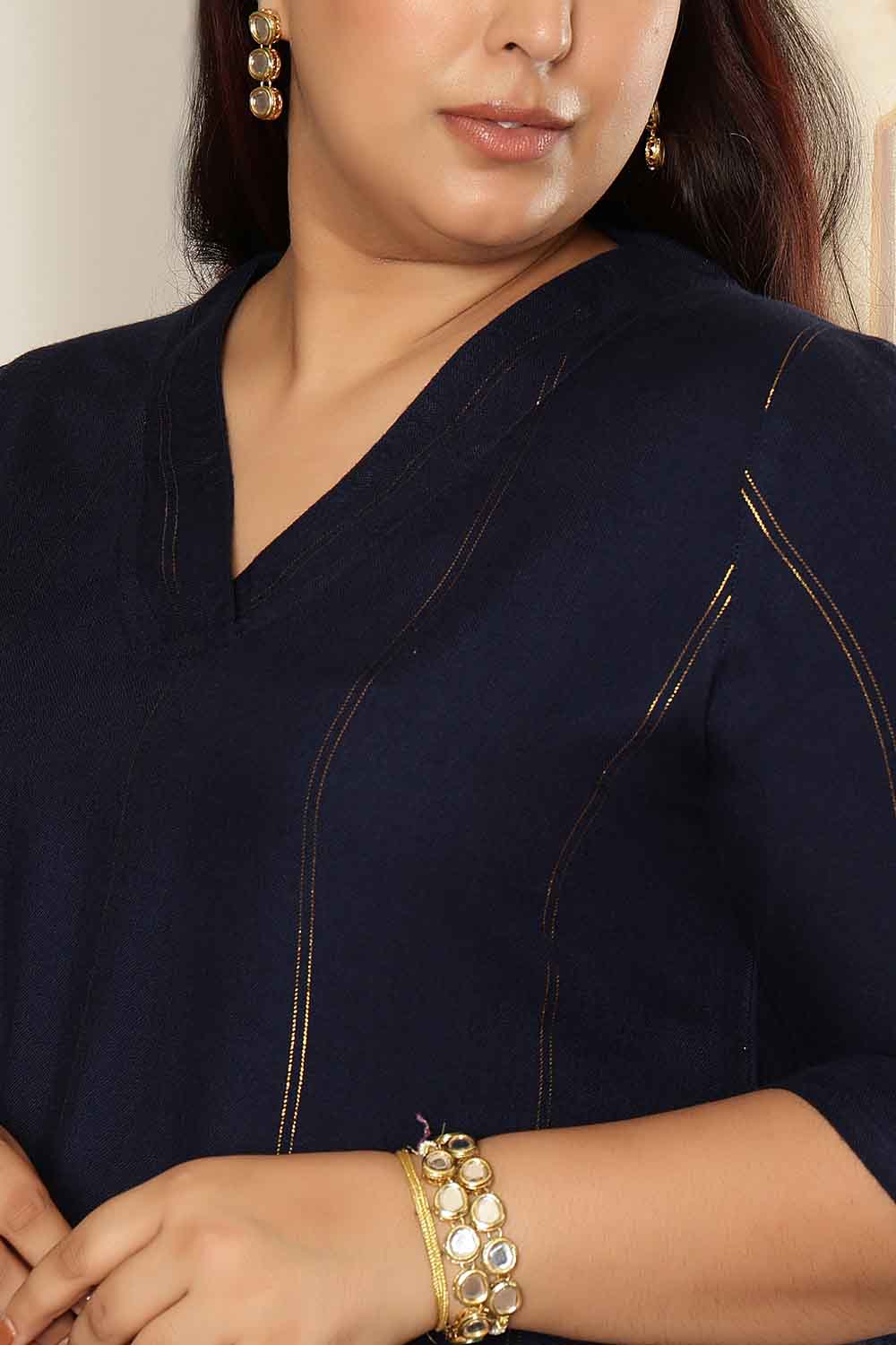 Plus Size Navy Blue Golden Pin Striped Kurta Coord Set