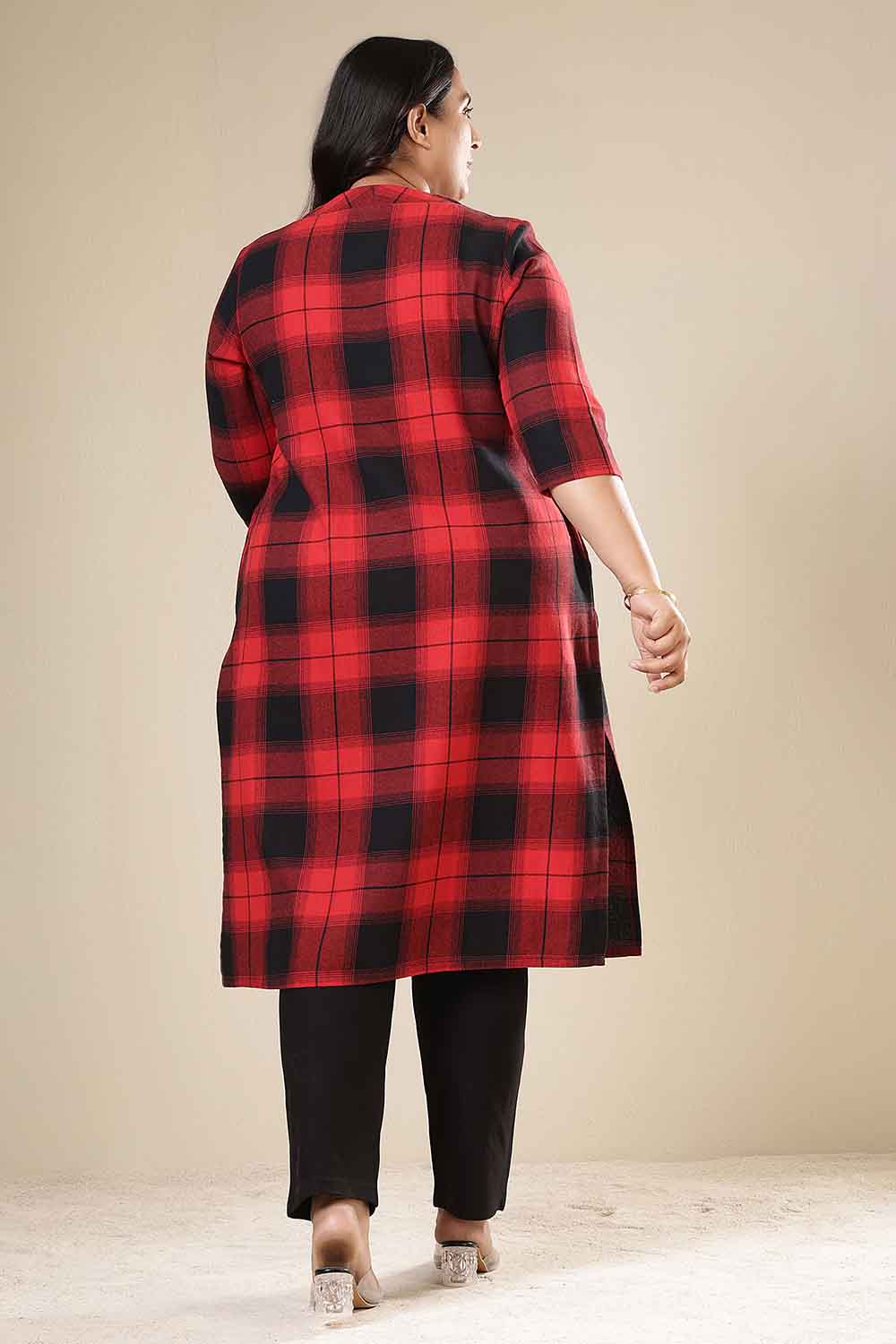 Plus Size Red & Black Check Cotton Flannel V Neck Kurta