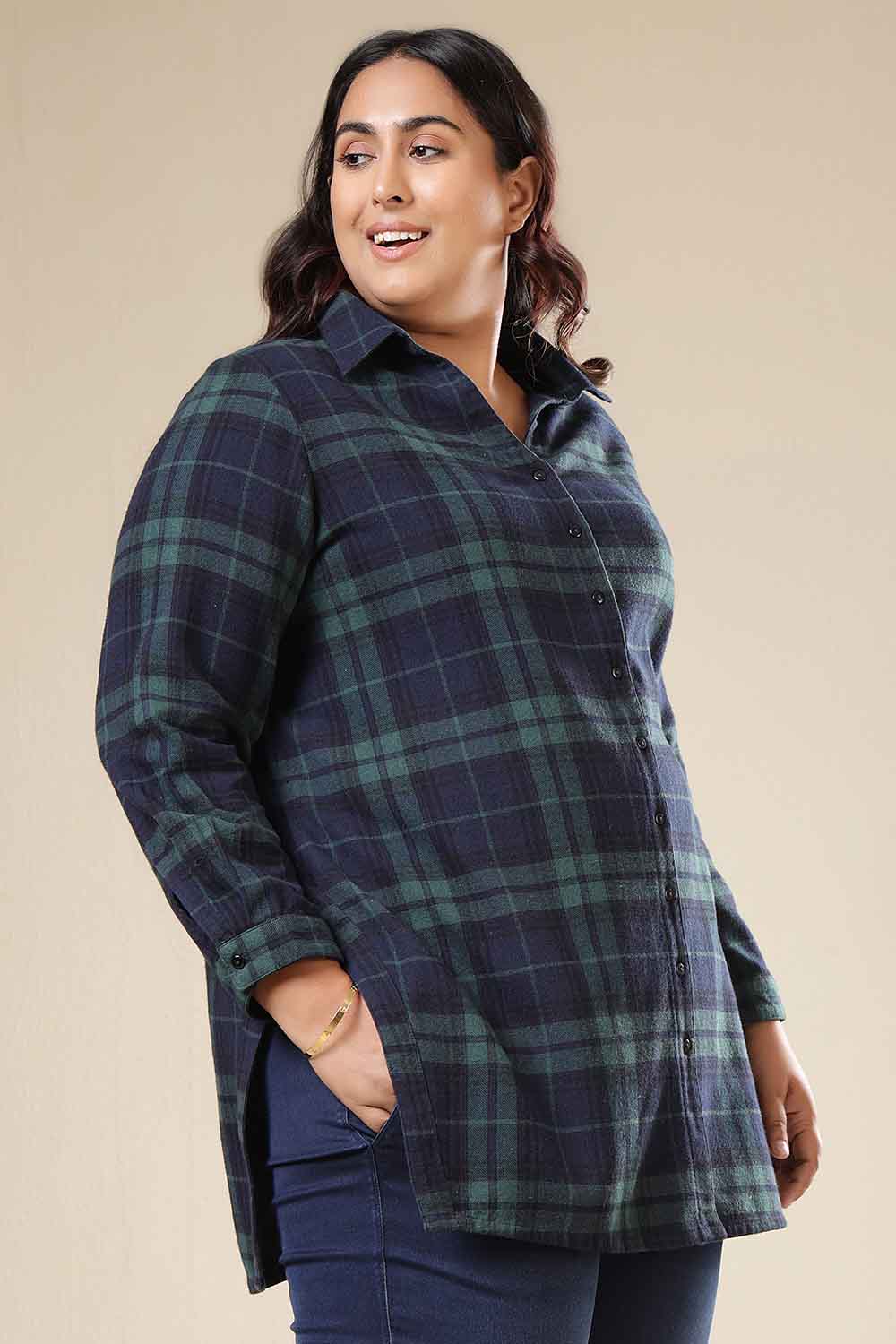 Comfortable Plus Size Navy & Green Check Cotton Flannel Longline Shirt