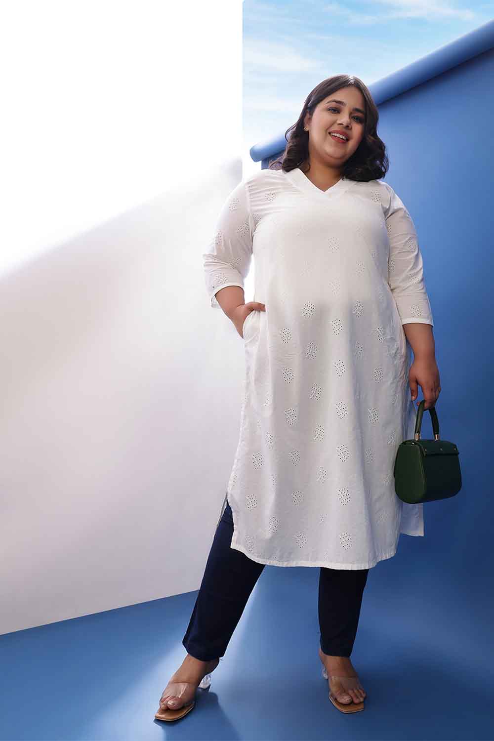 Plus Size White Cotton Schiffli V Neck Kurta