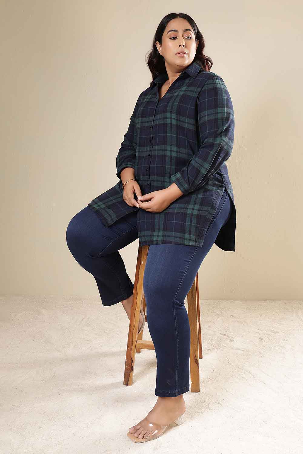 Plus Size Plus Size Navy & Green Check Cotton Flannel Longline Shirt