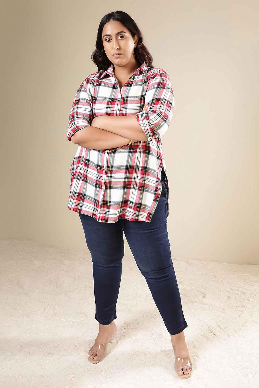 Plus Size Plus Size Red & White Checkered Cotton Flannel Longline Shirt