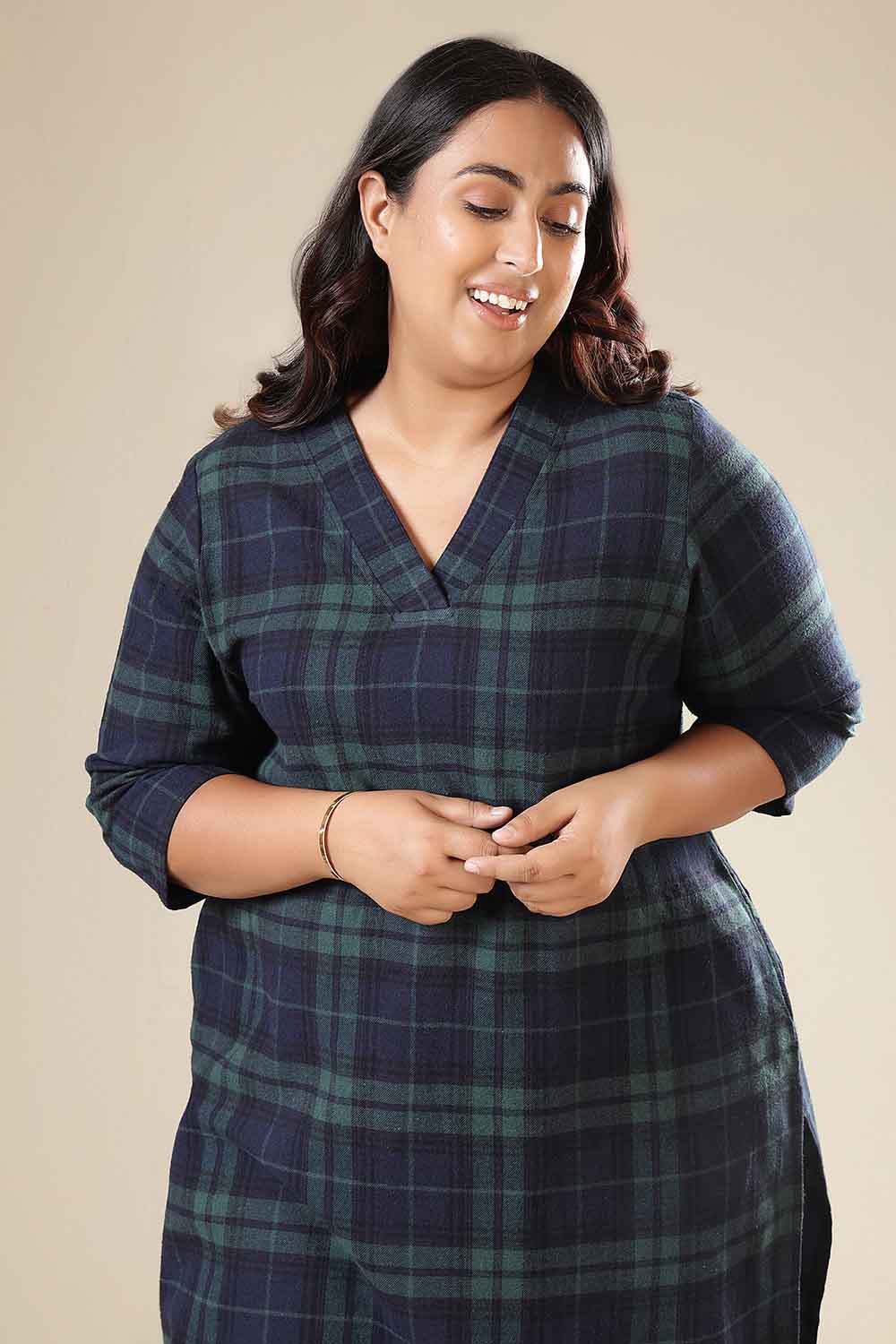 Plus Size Navy & Green Check Cotton Flannel V Neck Kurta for Women